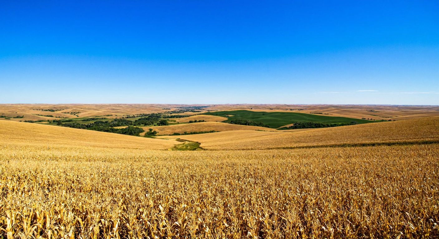 A vast golden cornfield under a bright blue sky contrasts with a rolling prairie landscape of the Dakota states, each side distinctly separate yet equally vibrant.