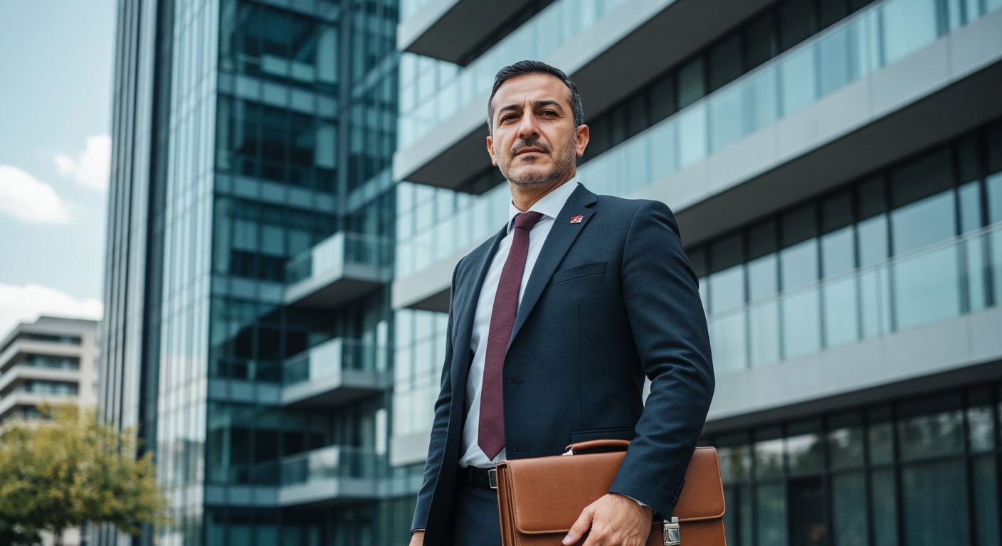 A confident middle-aged Turkish businessman in a sharp suit stands proudly in front of a modern glass office building in Ankara, holding a briefcase with a subtle Turkish flag pin on his lapel.