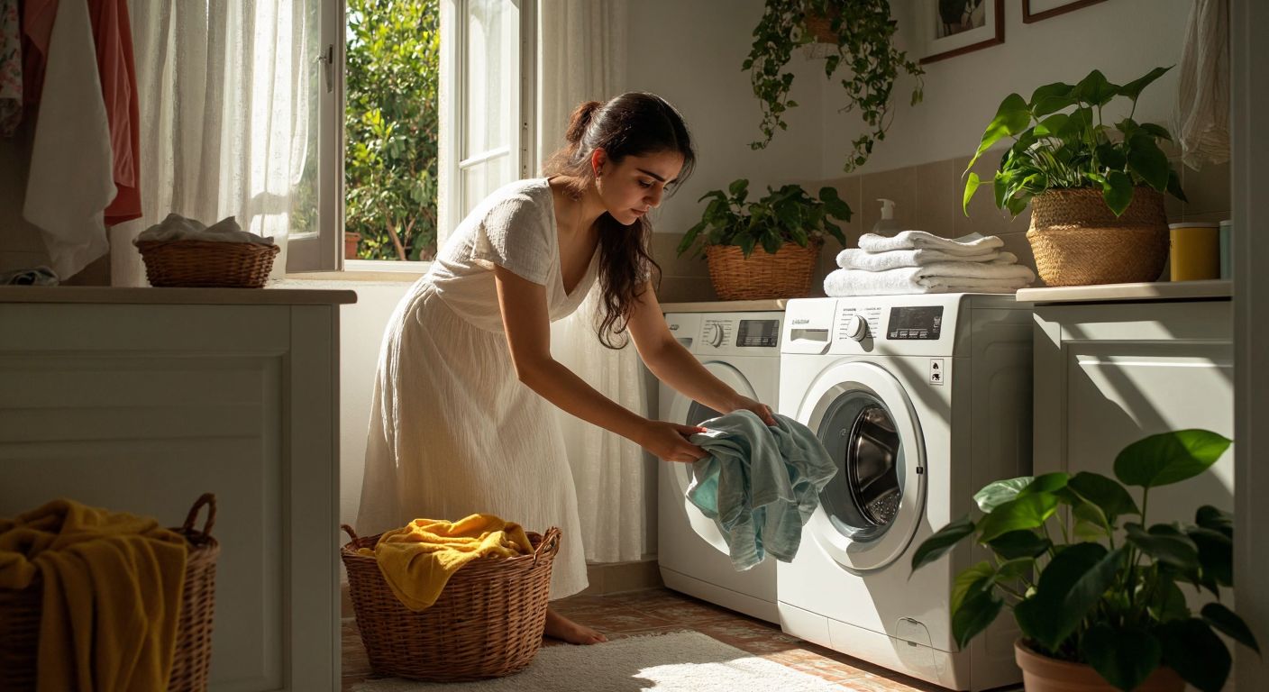 A Turkish woman in a bright, sunlit laundry room carefully placing clothes into a white Ariston washing machine, with a detergent box open beside her and a determined yet slightly frustrated expression on her face.