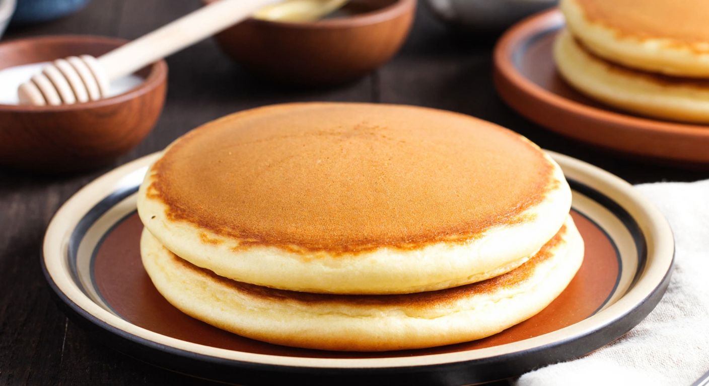 A golden-brown, fluffy pancake-like dorayaki with a smooth, slightly glossy surface, resting on a traditional Turkish ceramic plate, surrounded by a warm kitchen scene with wooden utensils and a bowl of honey nearby.