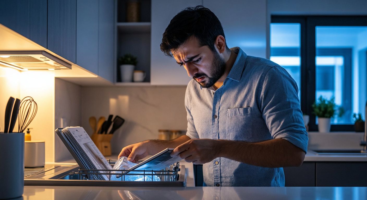 A frustrated Turkish homeowner in a modern kitchen stares at a Siemens dishwasher with a blinking maintenance light, holding the unplugged power cord while flipping through a thick user manual.