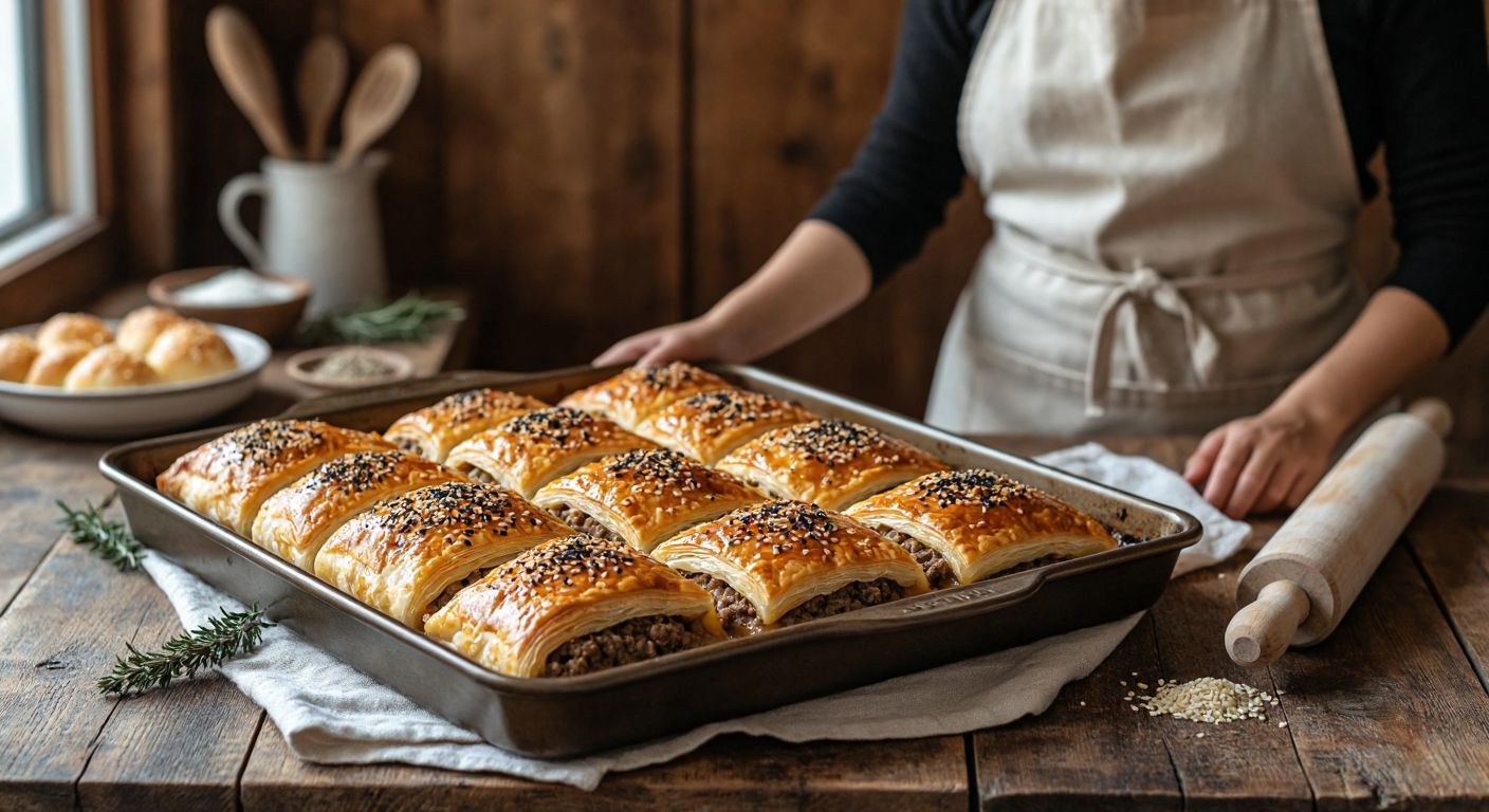 A warm, golden-brown tray of freshly baked *kıymalı börek* sits on a rustic wooden table, its flaky layers glistening with egg wash and sprinkled with sesame and nigella seeds, while a Turkish woman in an apron smiles proudly beside it, holding a rolling pin.