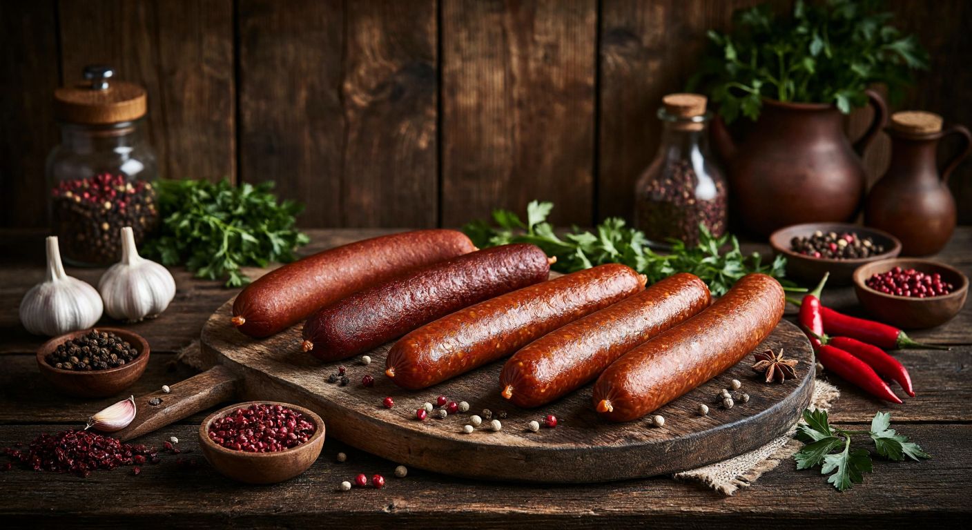 A rustic wooden table in a Turkish kitchen displays two distinct types of sucuk—one dark and coarsely ground (Torku) and another lighter, finely textured (Banvit)—with fresh herbs, garlic, and spices scattered nearby, evoking a comparison of flavors and ingredients.