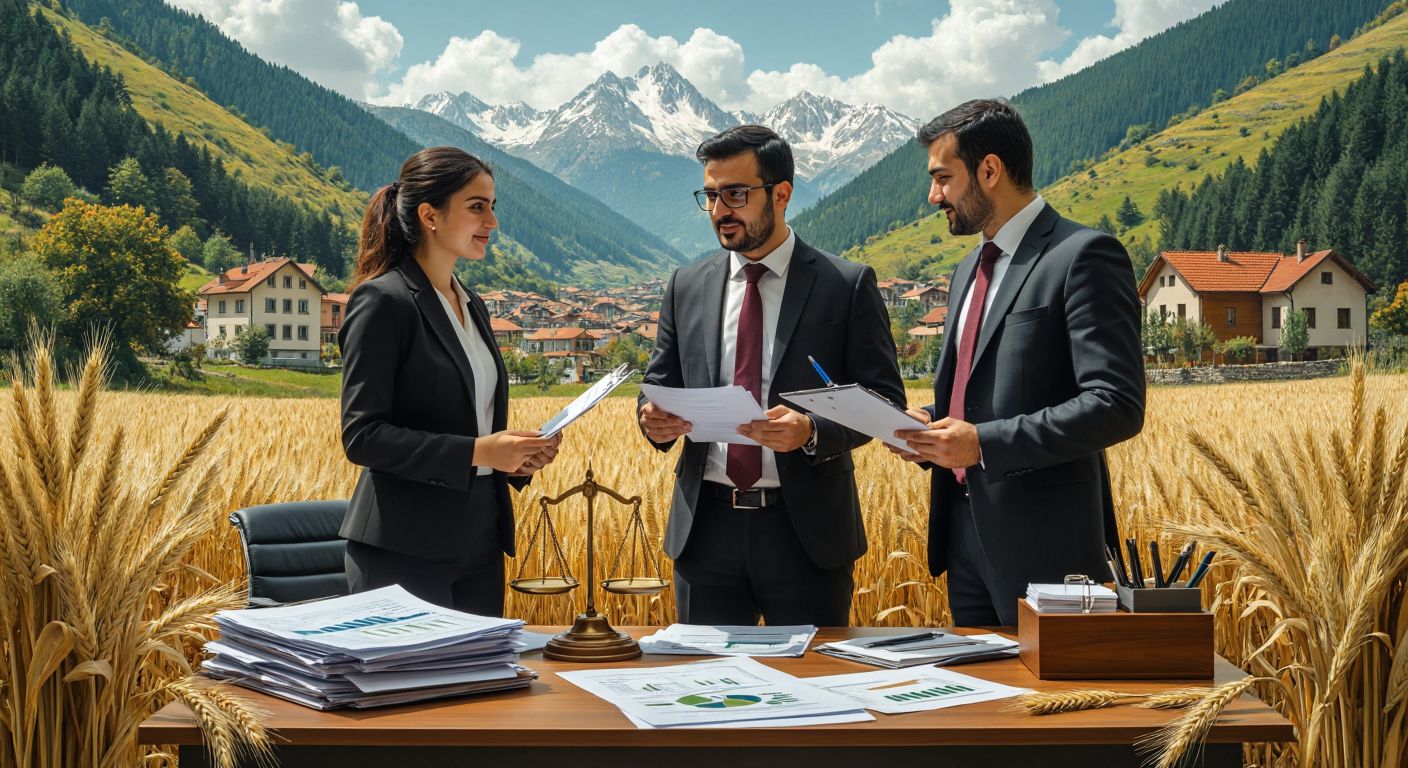 A modern office in Bolu with Turkish businesspeople in formal attire discussing over documents, surrounded by symbols of trade (scales), industry (gears), and agriculture (wheat sheaves), with a backdrop of Bolu’s green mountains.