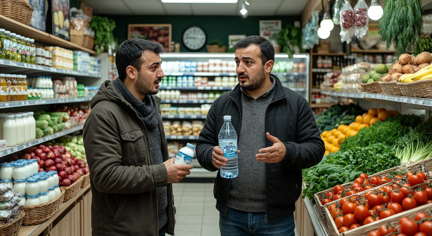 A Turkish man in a grocery store holding an unopened bottle of Zeybek Su while talking to a shopkeeper with a concerned expression, surrounded by shelves of dairy products and fresh produce.