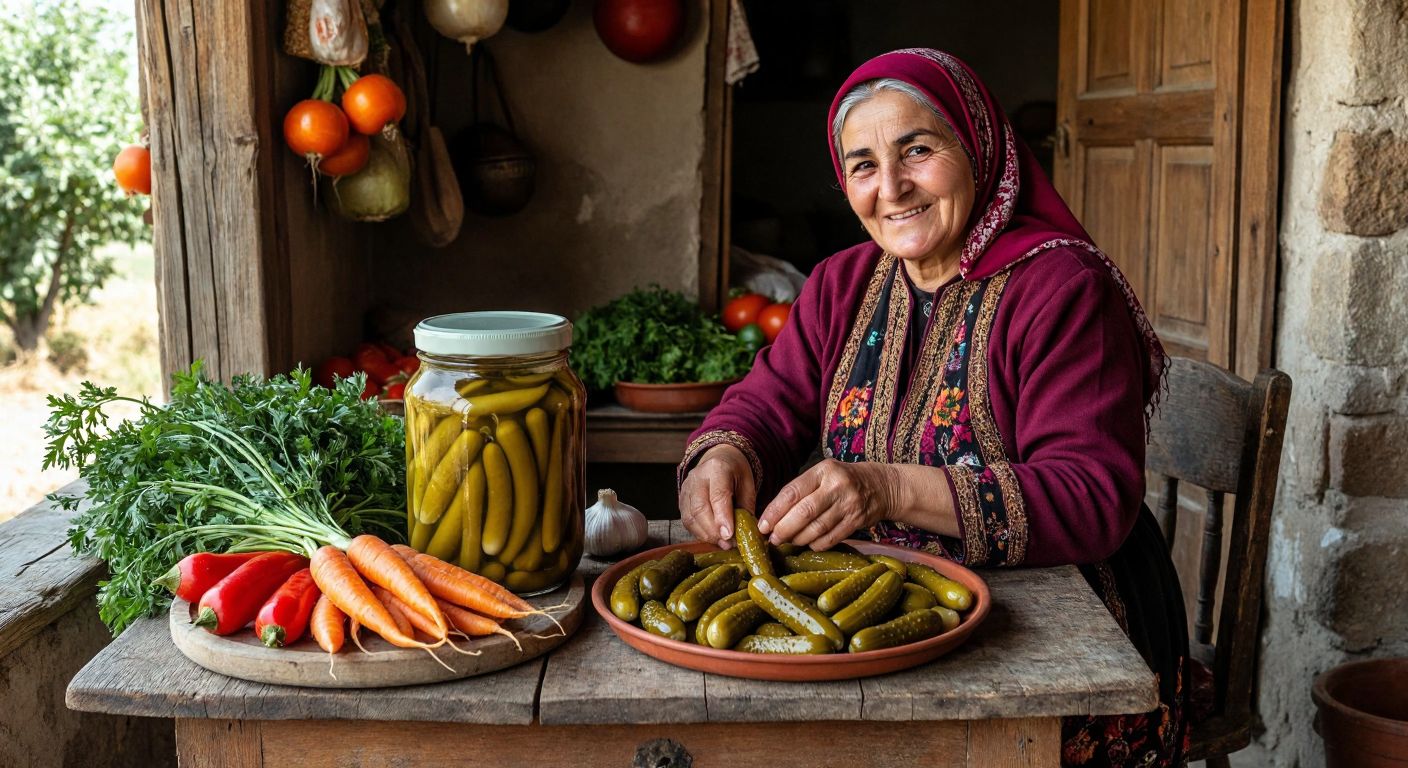 A rustic wooden table in a Sivas village setting holds a vibrant jar of pezik turşusu, surrounded by fresh vegetables and a smiling elderly woman in traditional Turkish clothing preparing more pickles.