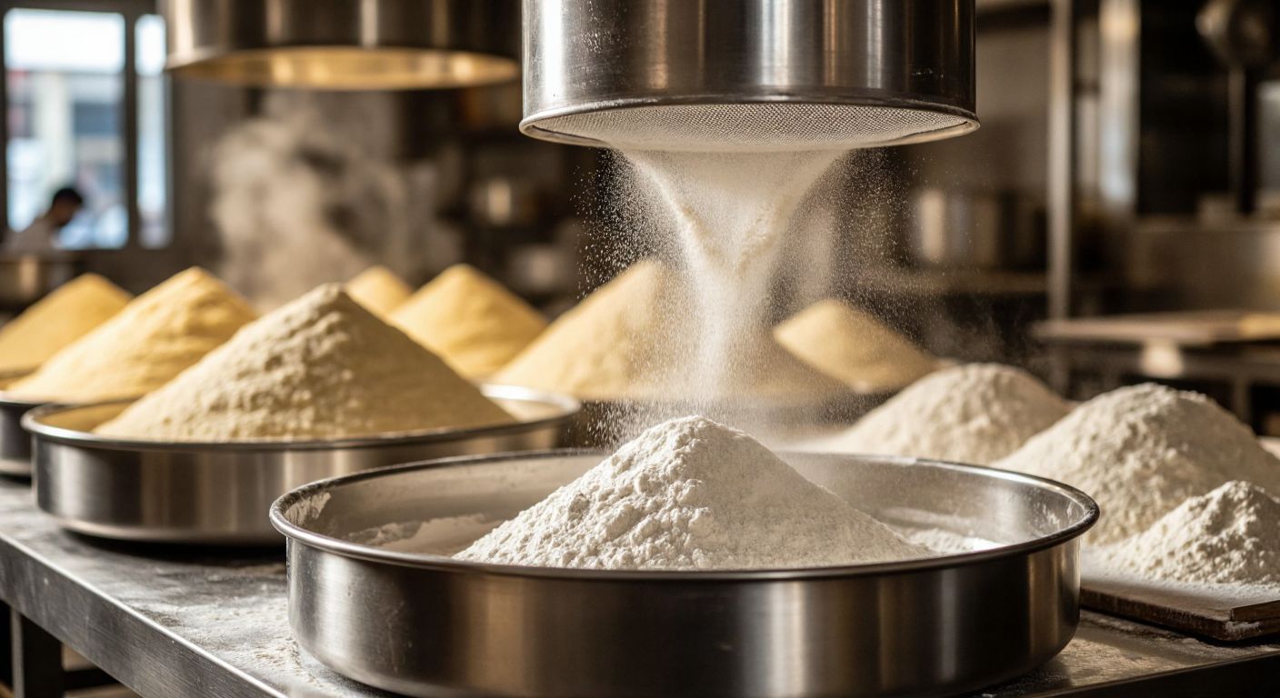A shiny stainless steel mesh screen sifts fine flour in a bustling Turkish bakery, with golden mounds of dough rising in the background.