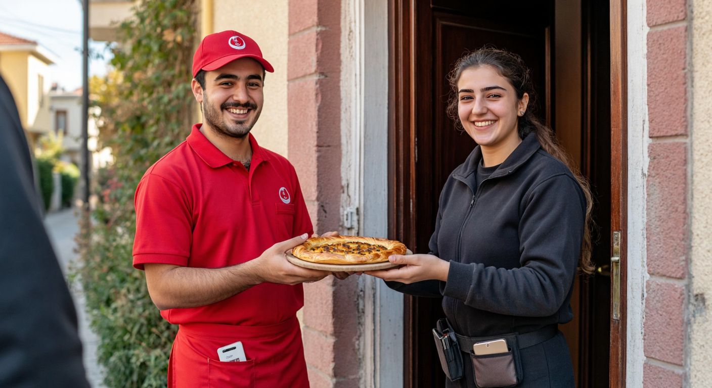 A smiling delivery person in a red uniform hands a warm, freshly baked *börek* to a customer at a doorstep in a Turkish neighborhood, with a small payment pouch visible on their belt.