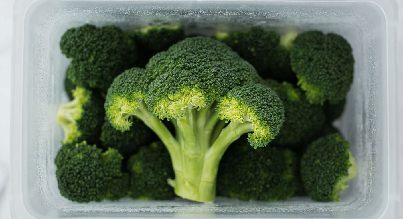 A vibrant green broccoli floret nestled inside a frost-covered freezer, surrounded by neatly stacked frozen vegetables, evoking freshness and preservation.