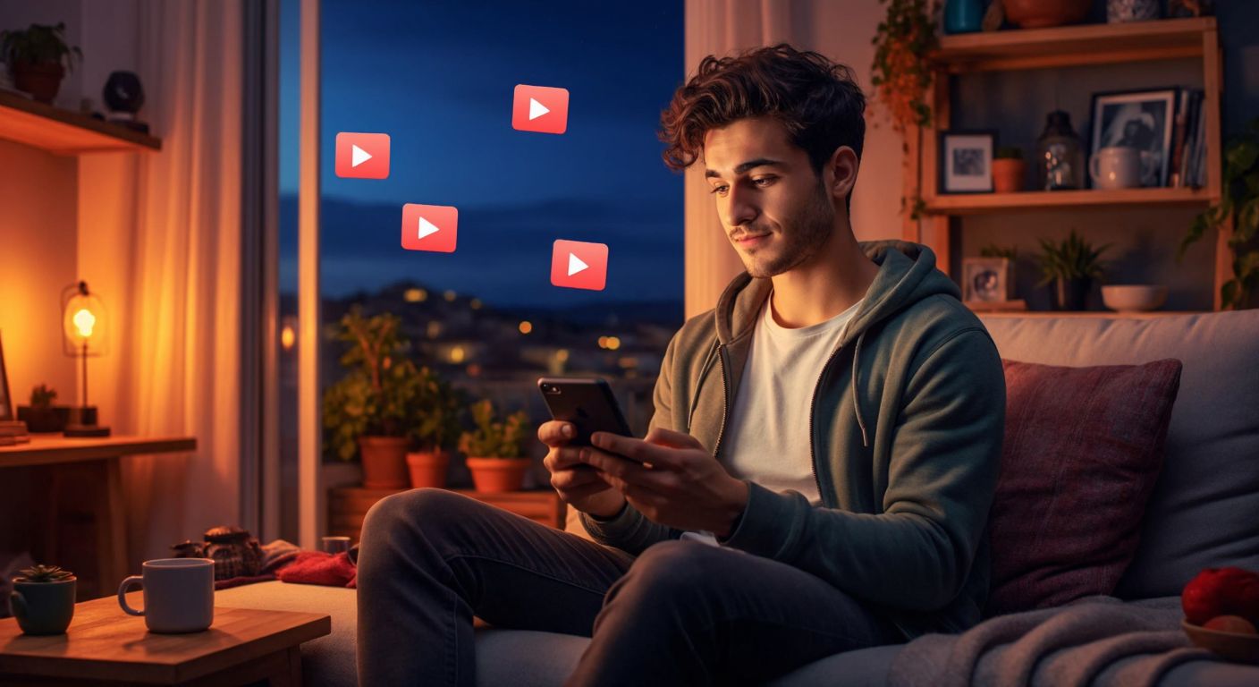 A content creator in a cozy Turkish home setting, holding a smartphone with a YouTube video open, surrounded by a few floating colorful hashtag symbols while looking thoughtfully at the screen.