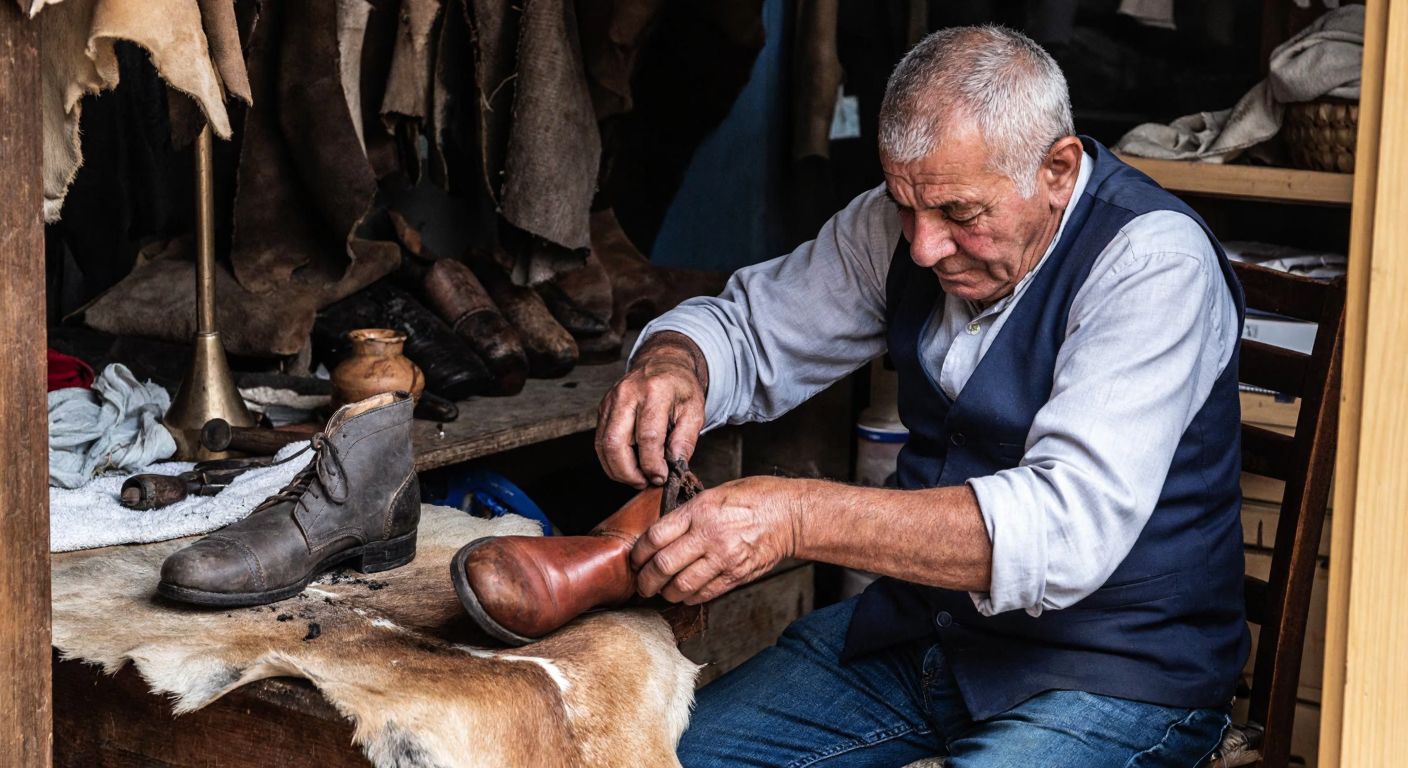 A weathered elderly cobbler in a small Turkish workshop, carefully stitching a leather shoe with worn hands, surrounded by antique tools and scraps of animal hides.