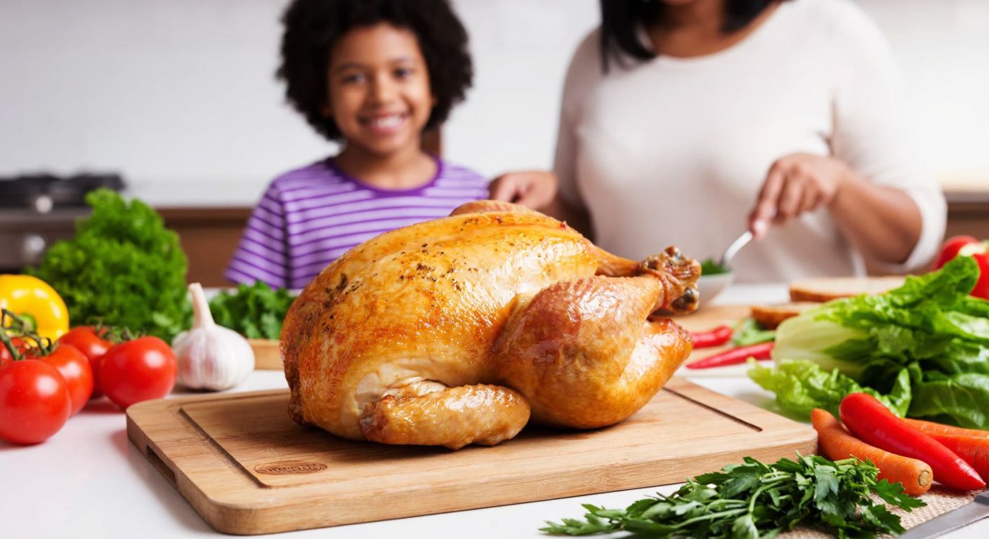 A plump, golden-brown roasted Banvit chicken resting on a wooden cutting board, surrounded by fresh vegetables and herbs, with a warm kitchen backdrop and a satisfied family smiling as they prepare to share the meal.