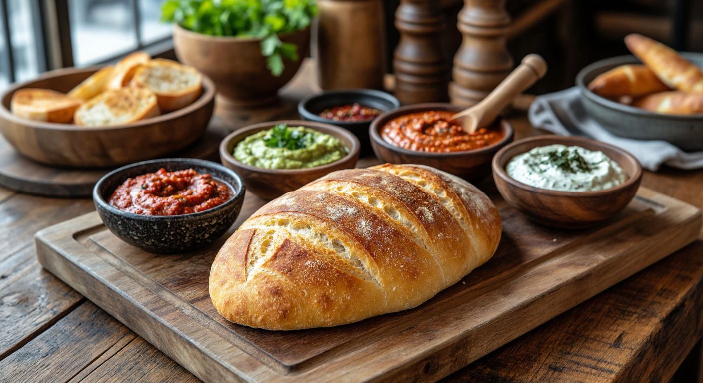 A rustic wooden table in a Turkish kitchen holds a freshly cut loaf of bread surrounded by small bowls of vibrant sauces—smoky barbecue, creamy guacamole, spicy red pepper paste, herby ranch, and thick haydari—with a mortar and pestle nearby, evoking warmth and flavor.