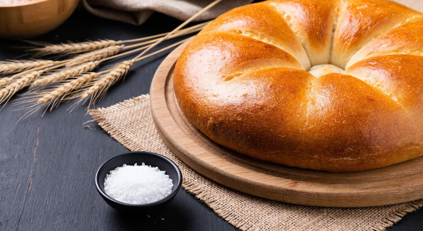 A warm, golden-brown loaf of traditional Turkish bread sits on a wooden cutting board, surrounded by scattered wheat grains and a small bowl of salt, evoking freshness and compliance with food standards.