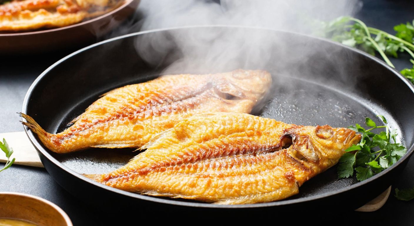 A golden, crispy fish skin sizzling in a hot pan, with steam rising and fresh herbs scattered nearby, evoking the aroma of a traditional Turkish seafood dish.