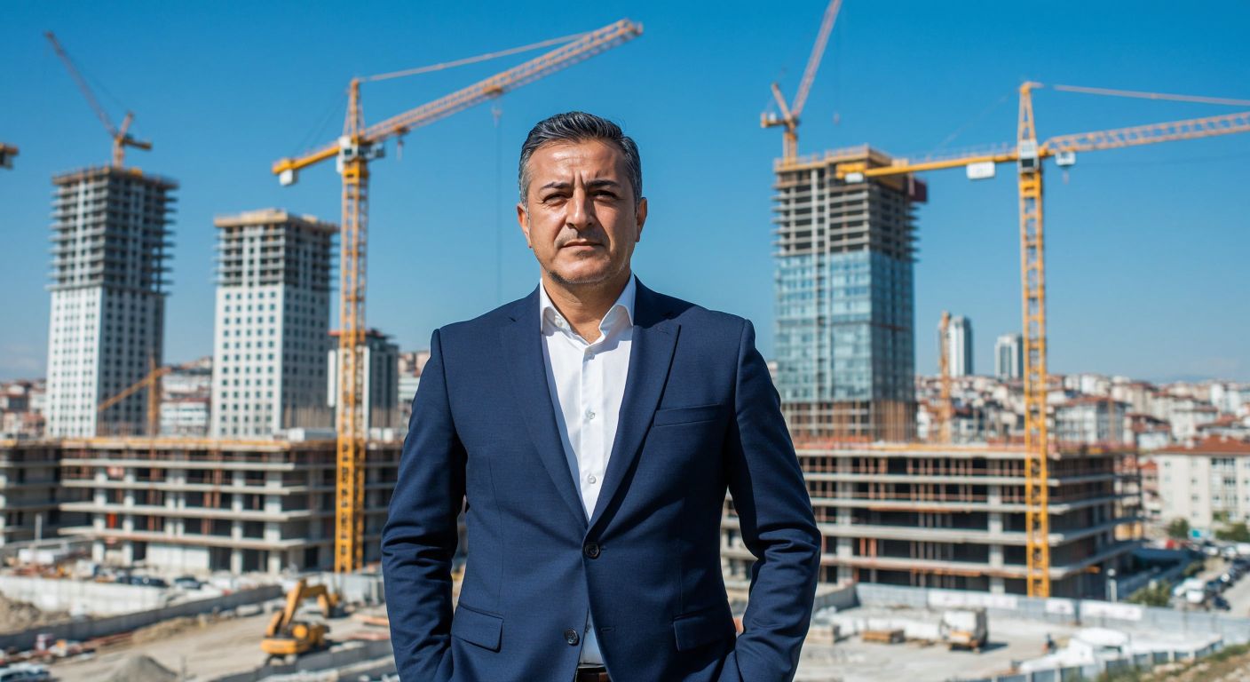 A confident middle-aged Turkish man in a sharp navy suit stands proudly in front of a modern construction site in Istanbul, with cranes and half-built skyscrapers under a clear blue sky.
