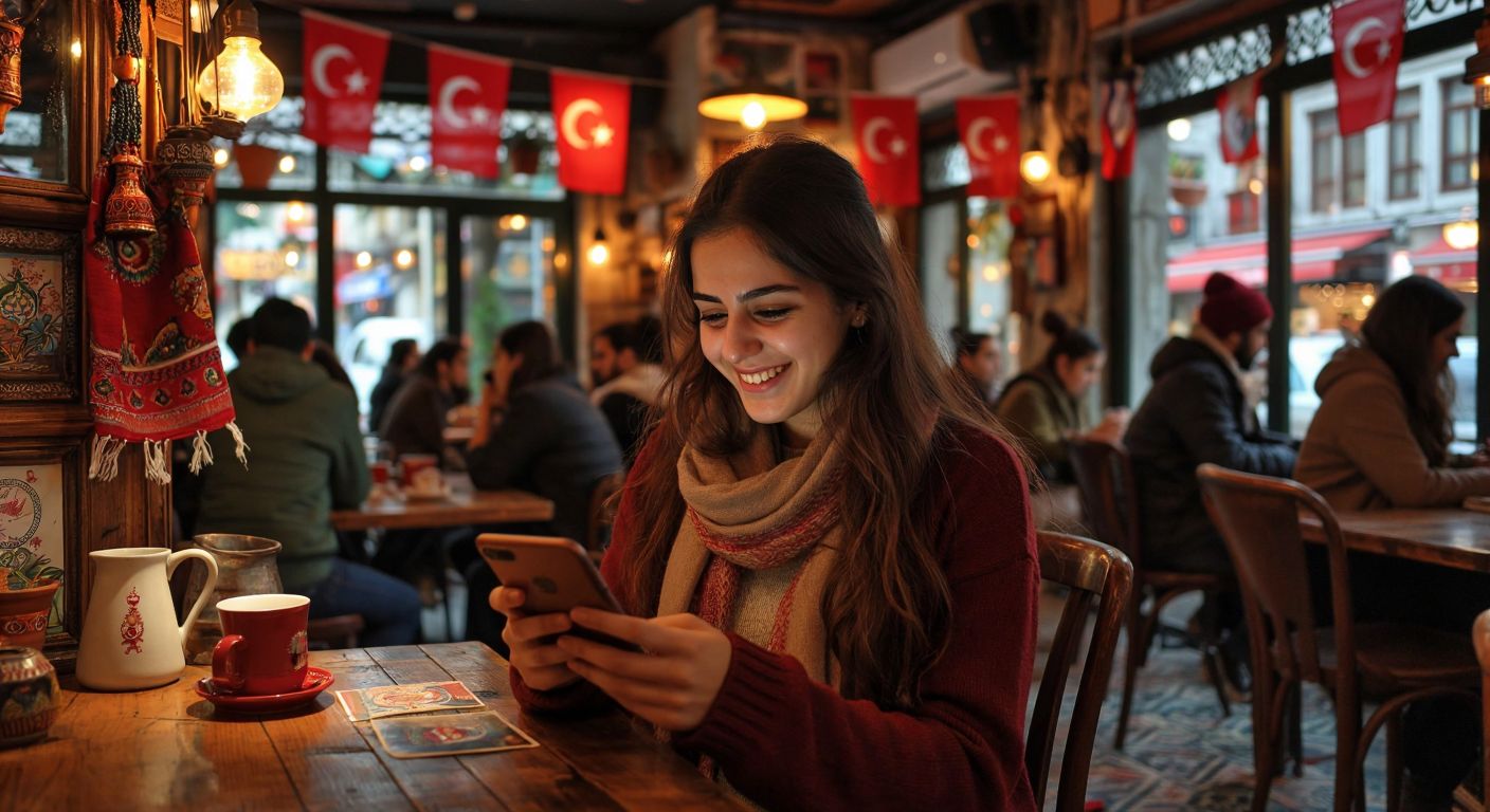 A young Turkish woman in a cozy Istanbul café smiles while scrolling through a vibrant VK feed filled with Turkish flags, cultural motifs, and lively group chat thumbnails.