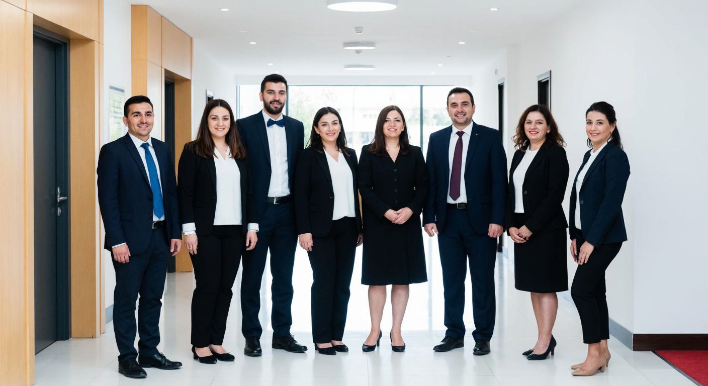 A group of professional educators in formal attire standing together in a modern Turkish school hallway, symbolizing unity and collaboration in private education.