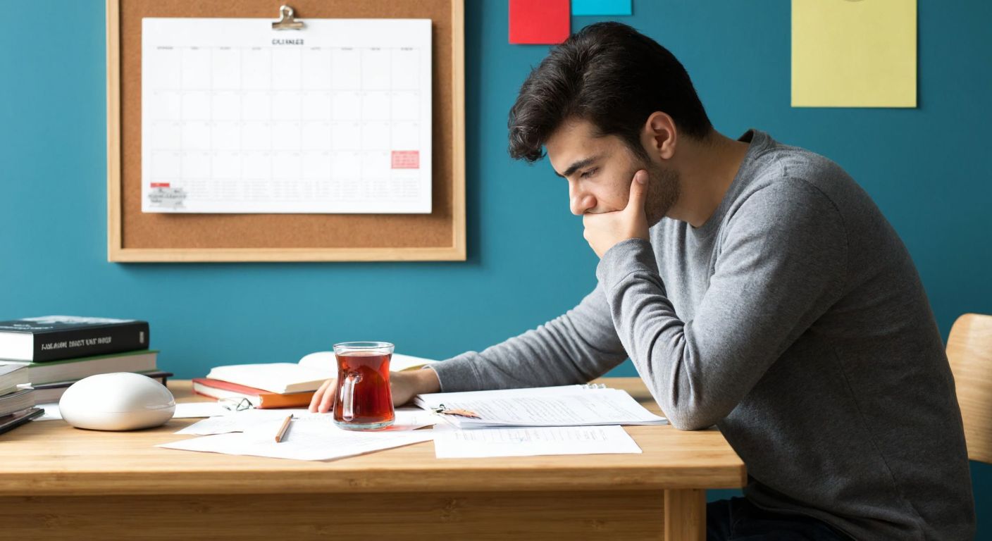 A focused Turkish student sits at a wooden desk with scattered papers and a pencil, gazing thoughtfully at a calendar pinned to a corkboard, surrounded by books and a steaming cup of çay.