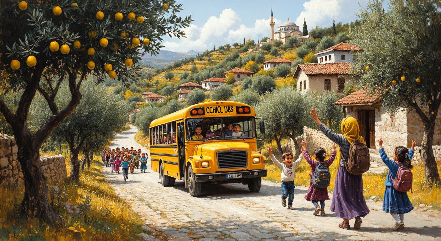 A yellow school bus winds through a rural Turkish village, with children of varying ages and abilities—some waving excitedly from the windows, others assisted by caregivers—while parents watch warmly from cobblestone streets lined with olive trees.