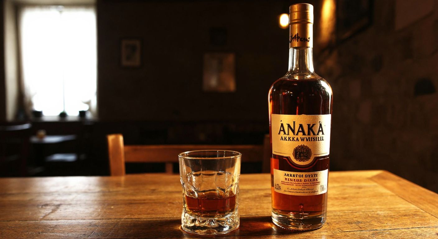 A rustic wooden table in a dimly lit Ankara tavern, with a dusty amber-filled bottle of Ankara Viskisi beside a half-filled glass, evoking nostalgia and Turkish craftsmanship.
