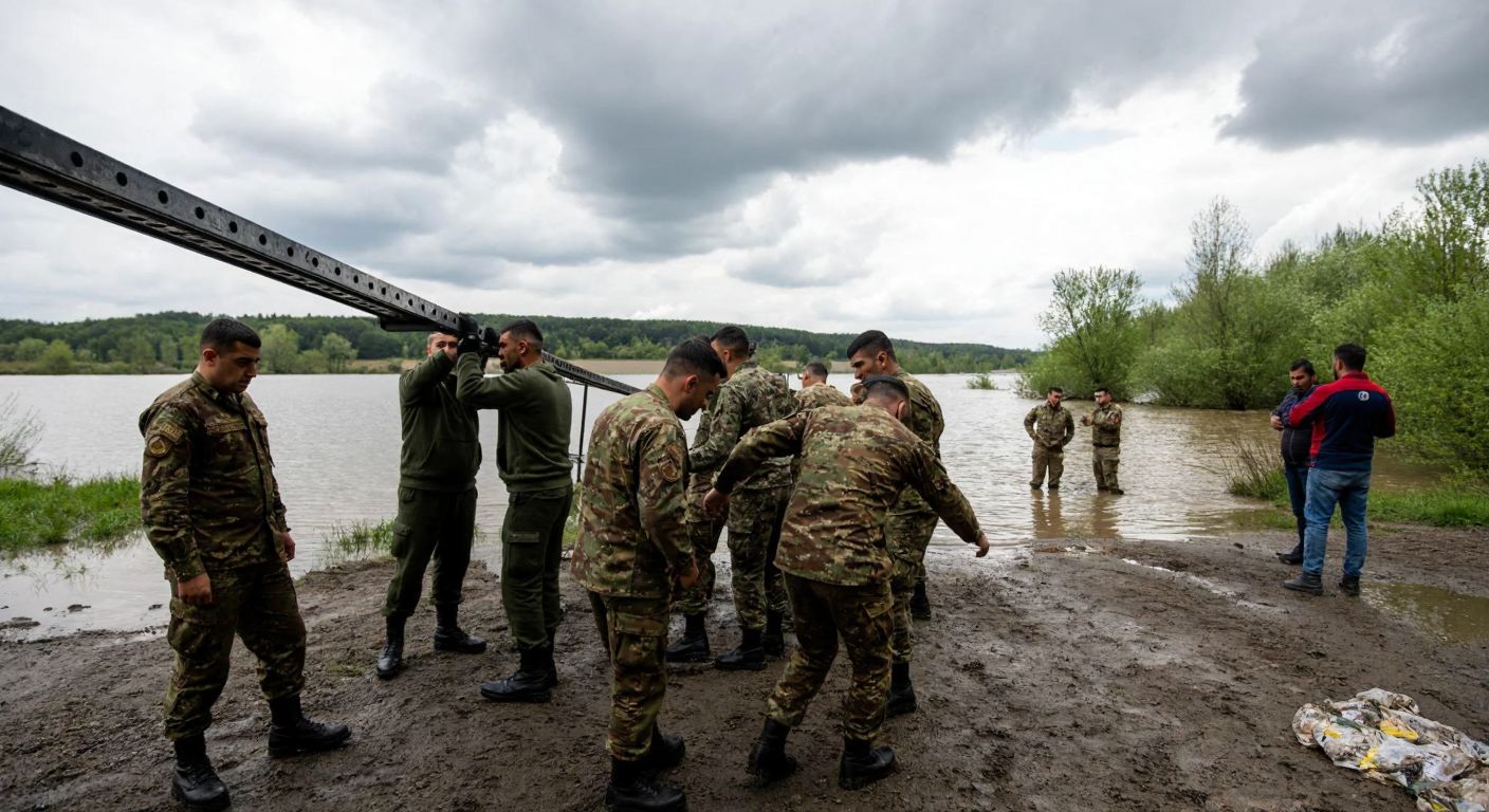 A group of Turkish soldiers in camouflage uniforms work together under cloudy skies to assemble a sturdy metal panel bridge over the flooded Biała Ladecka river in Poland, while local villagers watch with relief and gratitude.