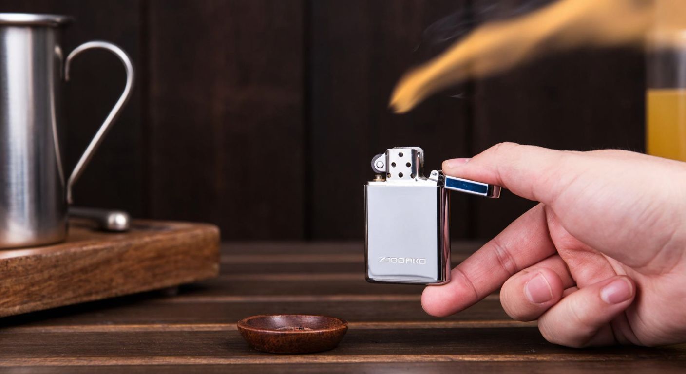 A close-up of a hand holding a silver Zorro-brand lighter upside down, carefully filling its small fuel hole with clear liquid, against a rustic wooden table in a dimly lit Turkish café.