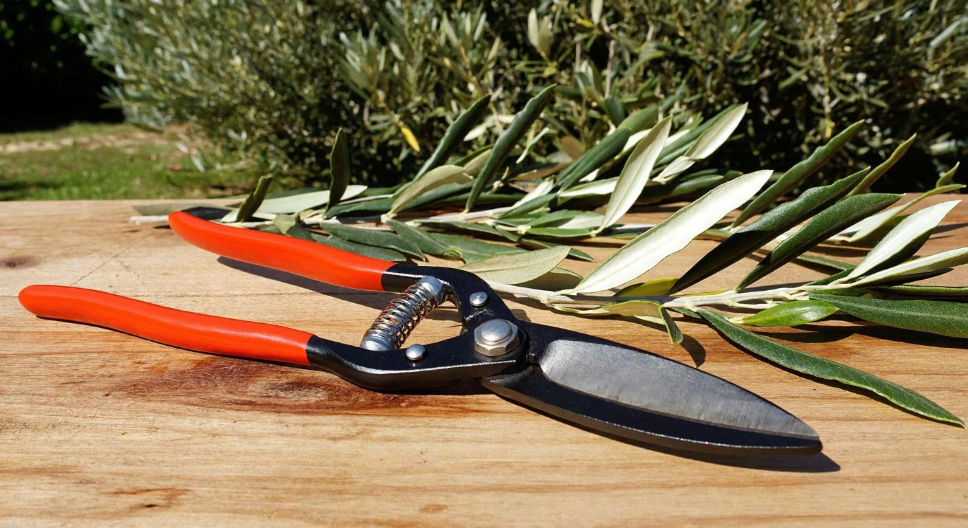 A sturdy pair of German-made pruning shears resting on a wooden table in a sunlit Turkish garden, surrounded by freshly cut olive branches.