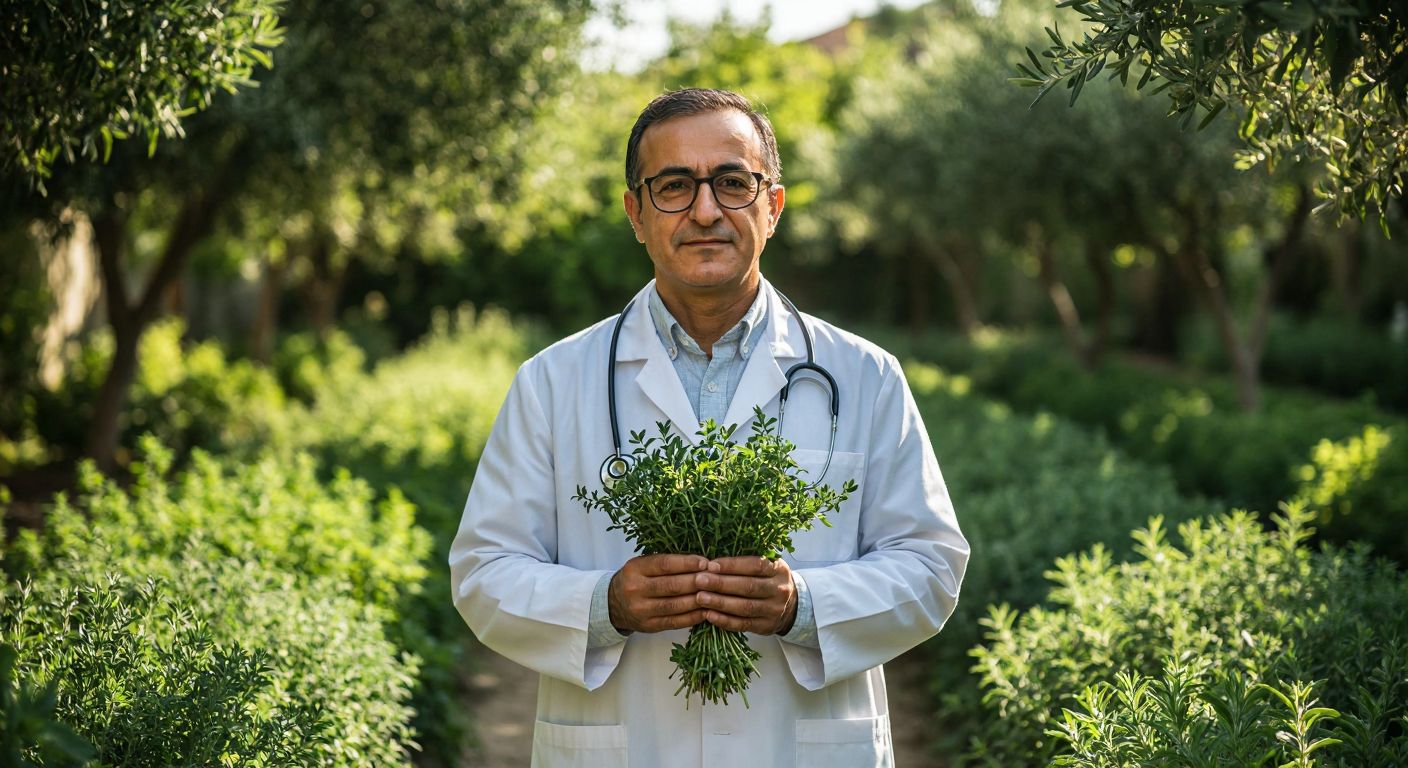 A distinguished Turkish professor with glasses and a white coat stands confidently in a sunlit herbal garden, holding a bundle of fresh green herbs, symbolizing natural health and wisdom.