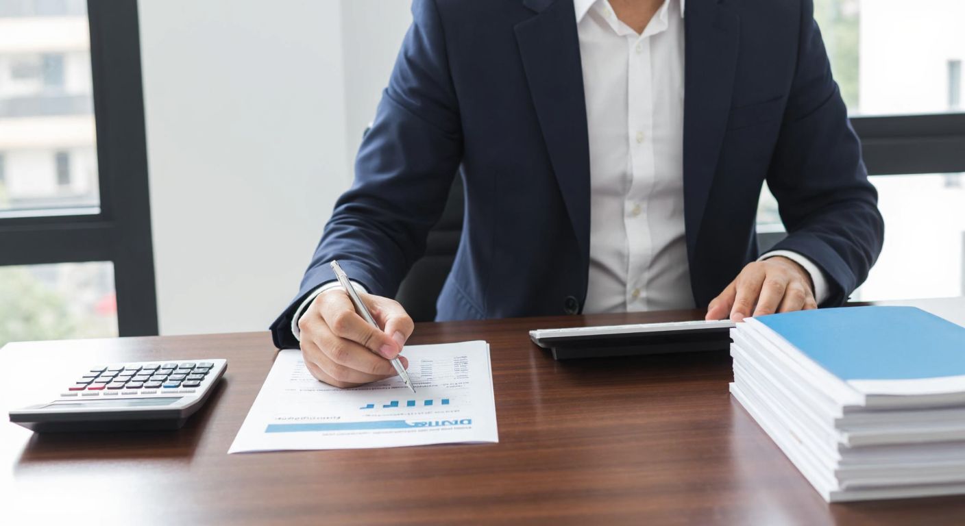 A Turkish businessperson in a formal suit reviews financial documents at a sleek wooden desk in a modern office, with a calculator and neatly stacked papers nearby, exuding confidence and professionalism.