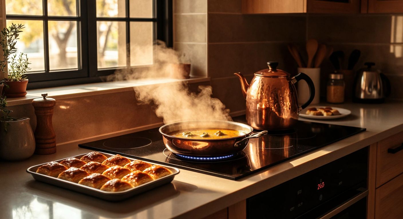 A warm Turkish kitchen with a modern induction cooktop glowing under a copper pot, an electric kettle steaming beside a tray of baklava, and a cozy electric stove with a simmering pot of çorba, all under soft golden light.