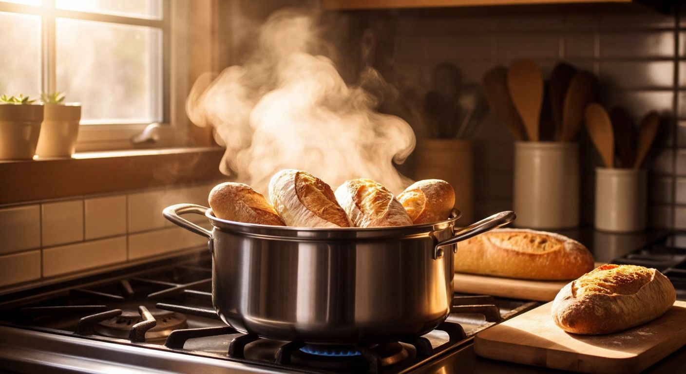 A steaming pressure cooker on a stovetop with golden-brown frozen baguettes inside, surrounded by warm kitchen light and the aroma of freshly baked bread.