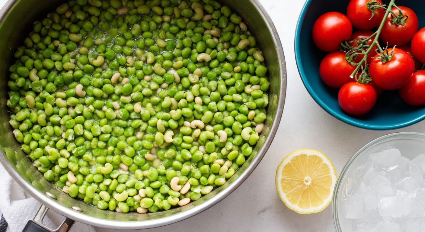A Turkish kitchen scene with fresh black-eyed peas boiling in a pot, a sliced lemon beside it, and a bowl of ice water nearby, capturing the vibrant green color of the peas and the practical cooking tips.