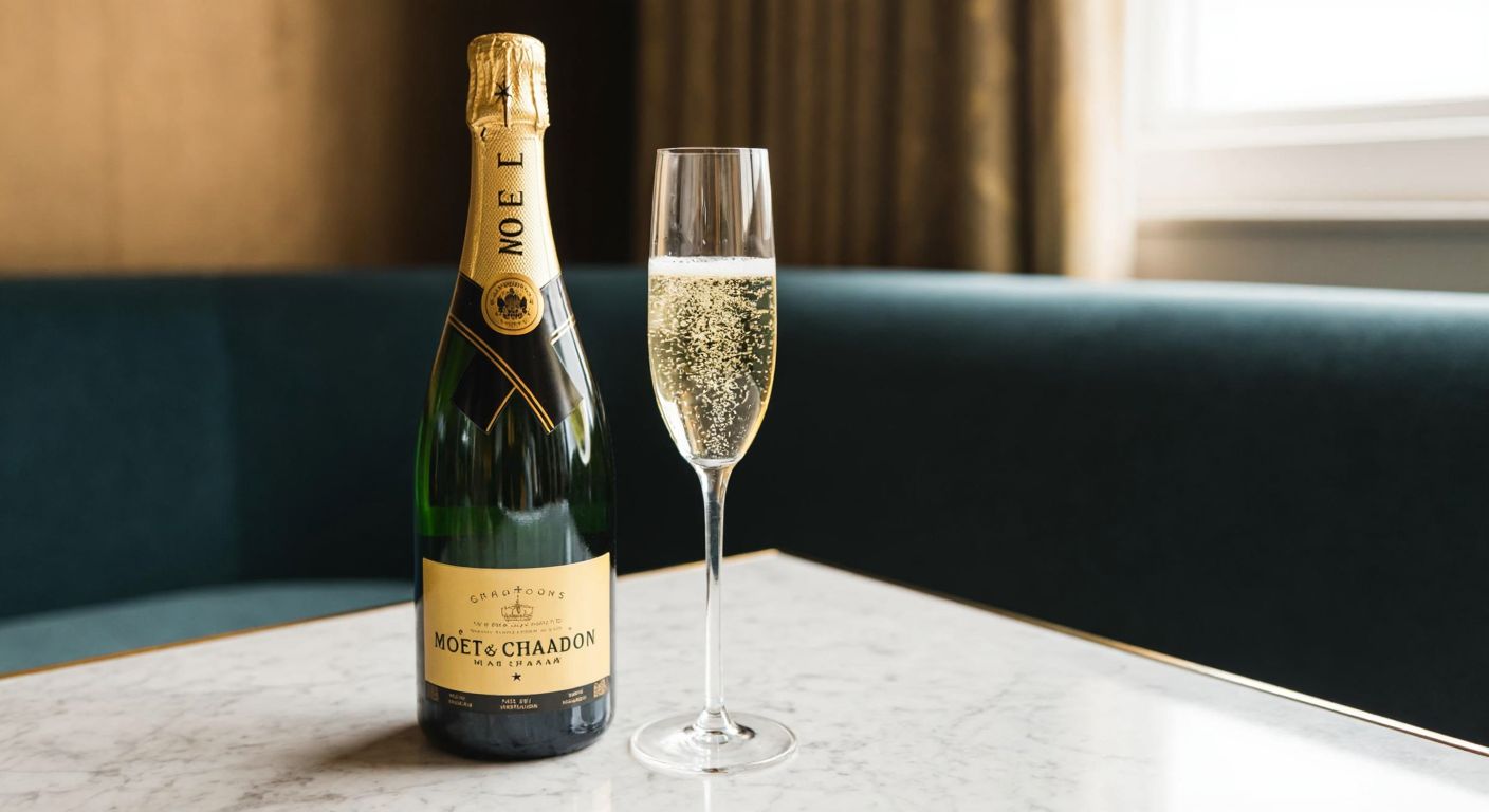 A chilled, golden bottle of Moet & Chandon champagne sits on a marble table beside a delicate flute, with tiny bubbles rising in the sparkling liquid.