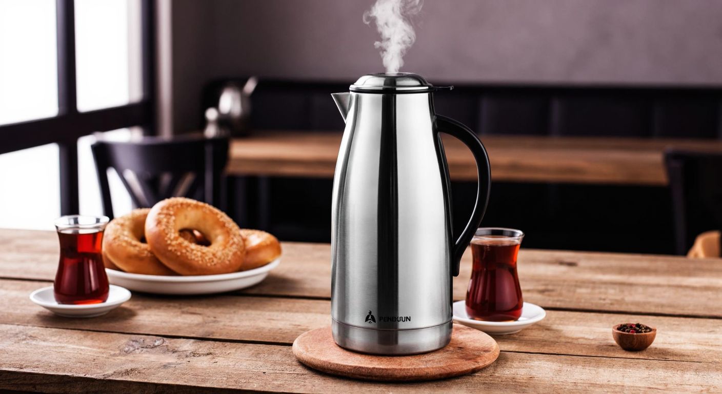 A sturdy stainless steel **Penguen thermos** sits on a rustic wooden table in a cozy Turkish café, steam gently rising from its spout, surrounded by small cups of çay and a plate of simit.