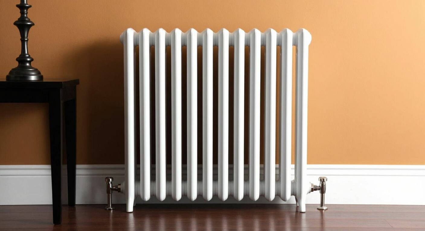 A sleek, modern cast iron radiator with a glossy white finish stands against a warm-toned wall in a cozy Turkish living room, radiating gentle heat while a family relaxes nearby.