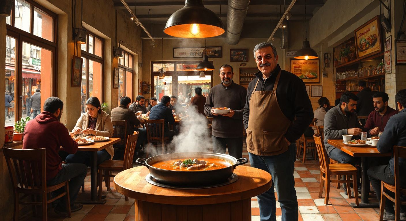 A warm, bustling Turkish eatery with a steaming pot of çorba (soup) at the center, surrounded by wooden tables where locals in casual attire enjoy their meals, while a middle-aged man with a proud smile—presumably Yaşar Ataman—stands behind the counter, overseeing the lively scene.