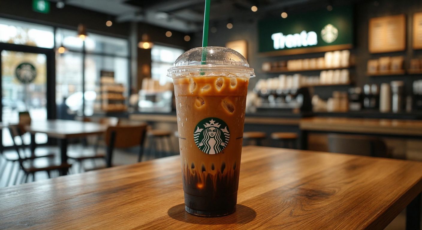 A towering clear plastic Starbucks cup labeled "Trenta" sits on a wooden café table, filled with iced coffee and condensation dripping down its sides, surrounded by smaller cups in a bustling coffee shop.
