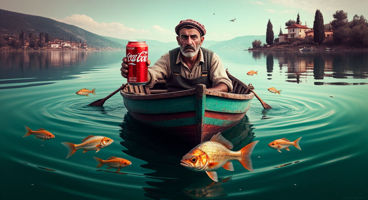 A fisherman in a small wooden boat on a calm Turkish lake, holding an empty cola can with a confused expression, while colorful fish swim away beneath the surface.