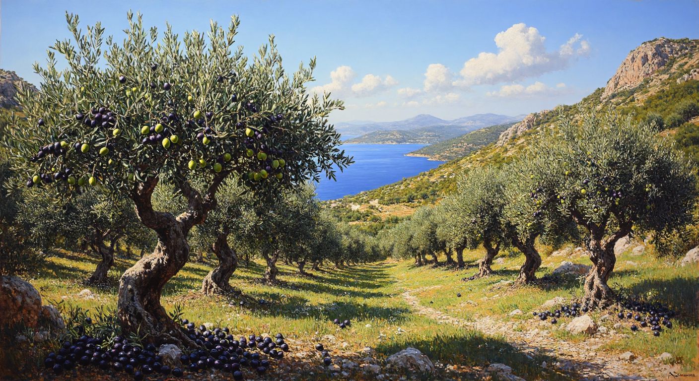 A sunlit olive grove in Bodrum with gnarled trees bearing plump green and black olives, surrounded by rocky hills and the shimmering Aegean Sea in the distance.