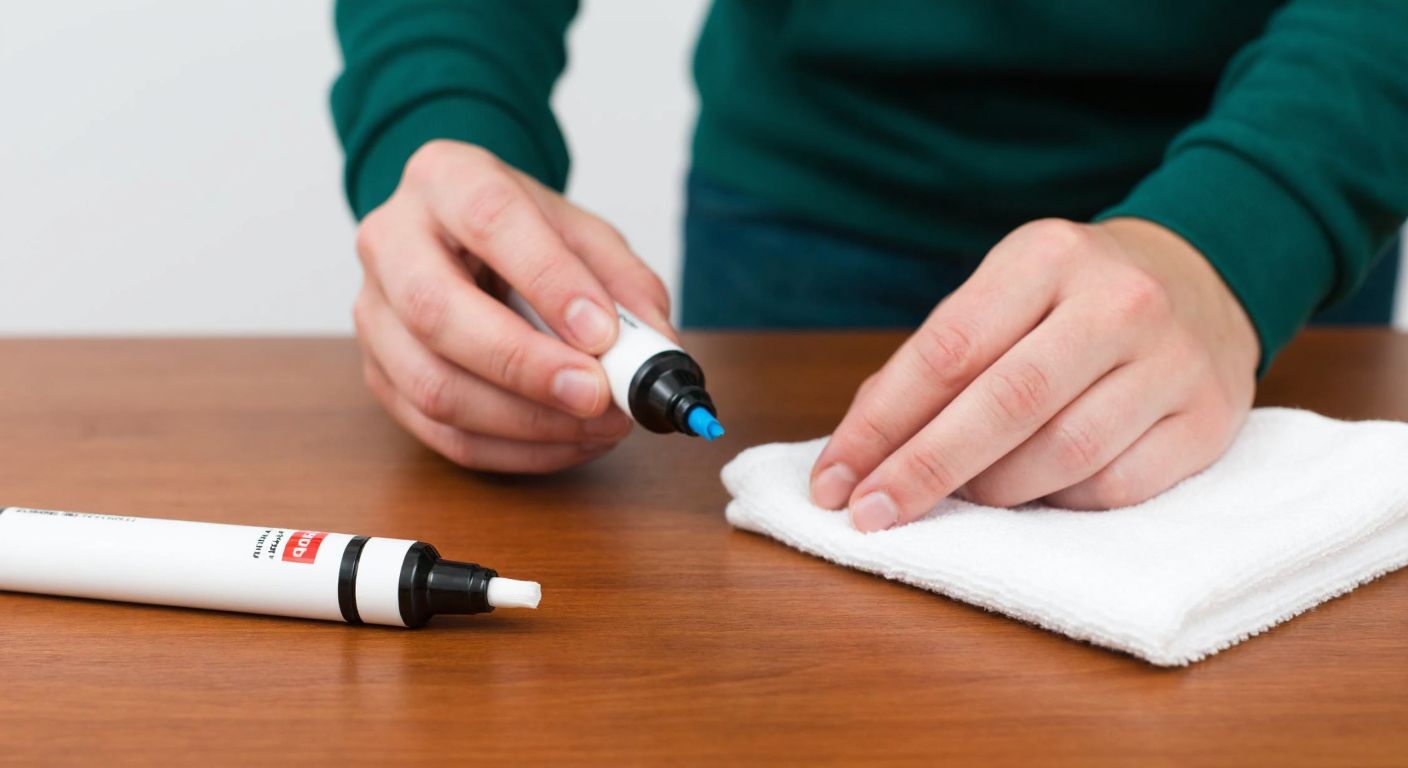 A close-up of a person’s hands carefully refilling a whiteboard marker with ink, one hand holding the marker upright while the other pours ink from a small bottle, with a clean cloth and cotton swabs nearby on a wooden desk.