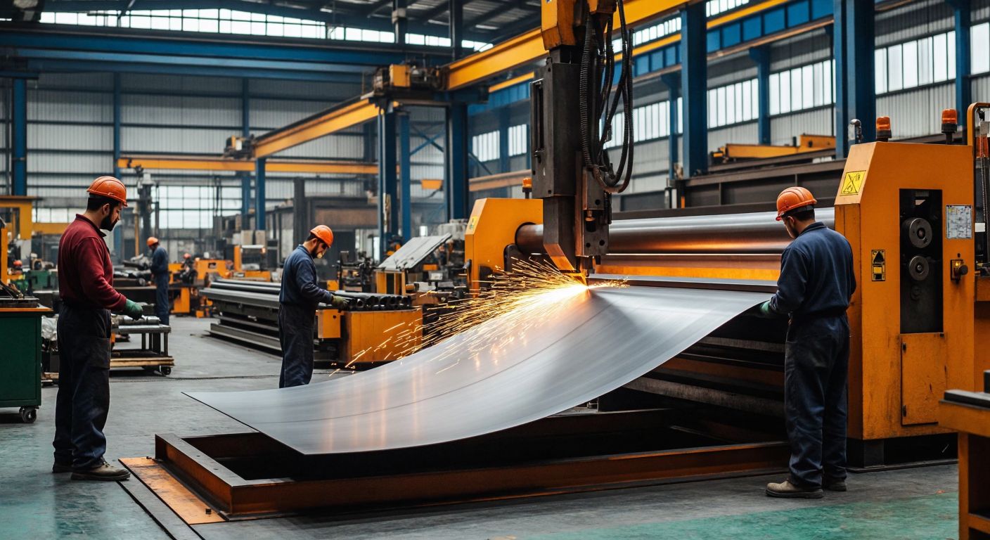 A bustling Turkish industrial workshop with workers operating heavy machinery—a silvery metal sheet being bent into a curve by a cylindrical roller, sparks flying from a laser cutter slicing through steel, and a guillotine shear cleanly trimming a thick metal plate.