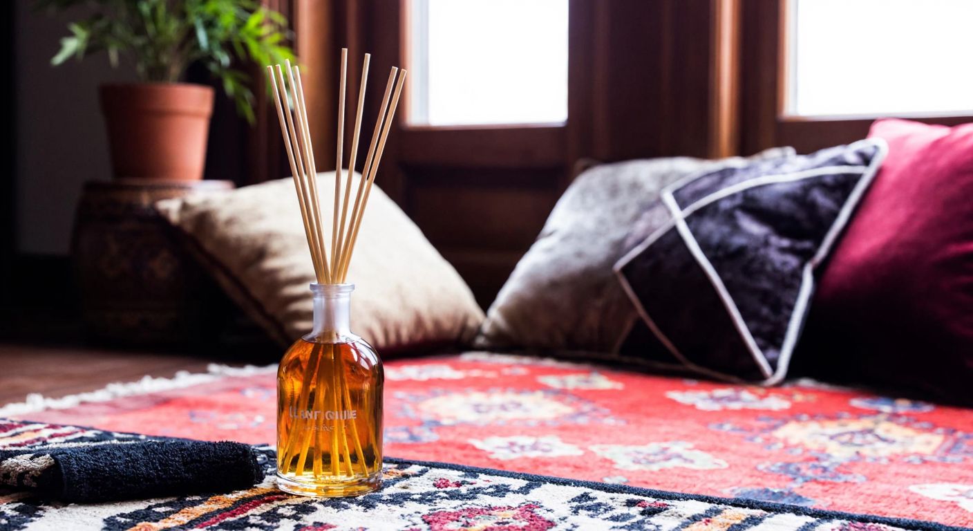 A cozy Turkish living room with a decorative glass bottle of amber-colored room fragrance diffusing a warm, inviting scent, surrounded by plush cushions and a traditional kilim rug.