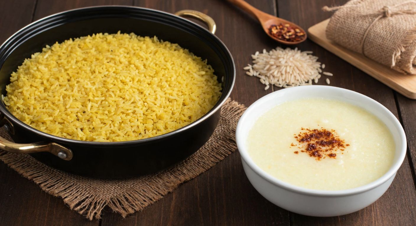 A steaming pot of golden rice pilaf and a creamy bowl of sütlaç (rice pudding) sit side by side on a rustic wooden table, with a handful of Osmancık rice grains scattered nearby, evoking warmth and traditional Turkish comfort food.