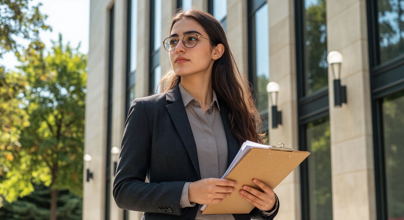 A determined young professional in a formal blazer stands confidently in front of a university building in Turkey, holding a neatly organized folder of documents while checking a noticeboard for exam dates.