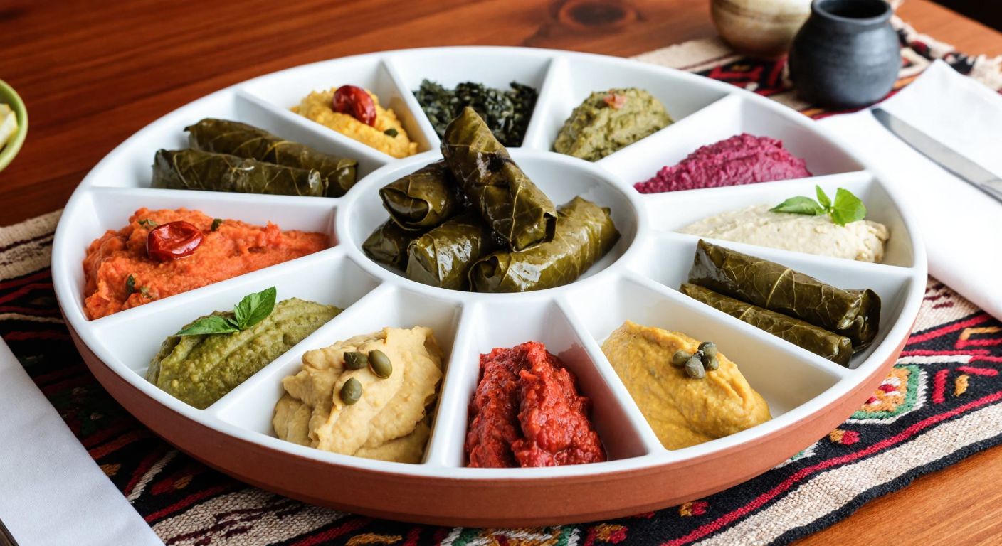 A large, circular ceramic plate divided into small compartments, each filled with colorful Turkish mezes like hummus, ezme, and stuffed grape leaves, placed on a wooden table with a traditional woven tablecloth.