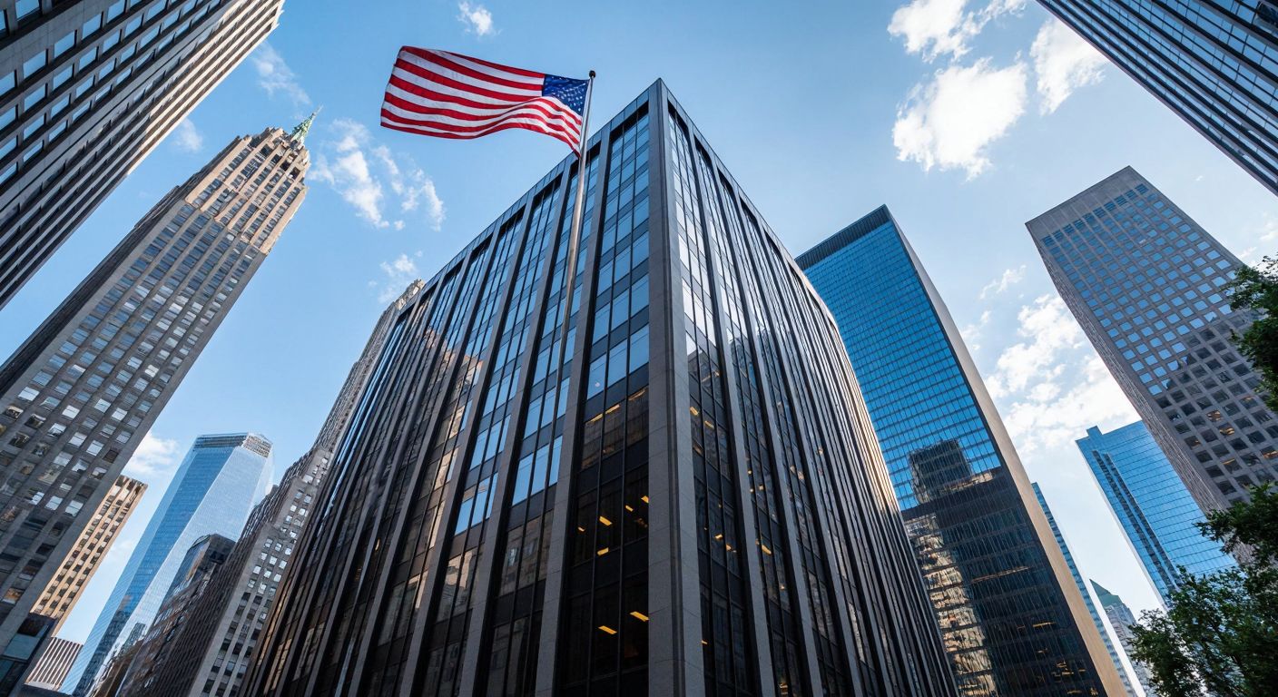 A sleek, modern office building with an American flag flying high, set against a bustling financial district skyline, symbolizing the global reach of Interactive Brokers.