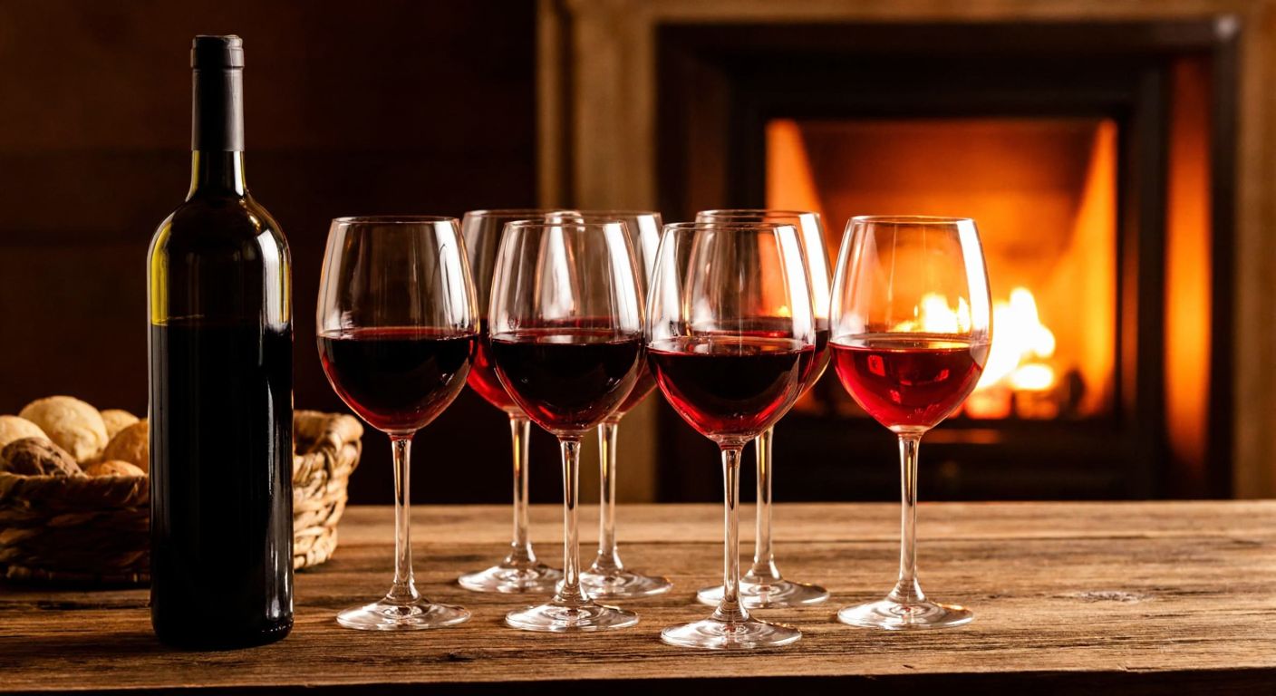 A rustic wooden table in a cozy Turkish setting holds a full 1-liter bottle of red wine and five to seven elegant, half-filled wine glasses, with a warm glow from a nearby lantern casting soft reflections on the glass.