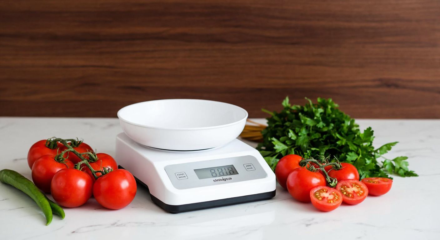 A sleek white kitchen scale placed on a marble countertop in a Turkish home, surrounded by fresh ingredients like tomatoes, peppers, and parsley.