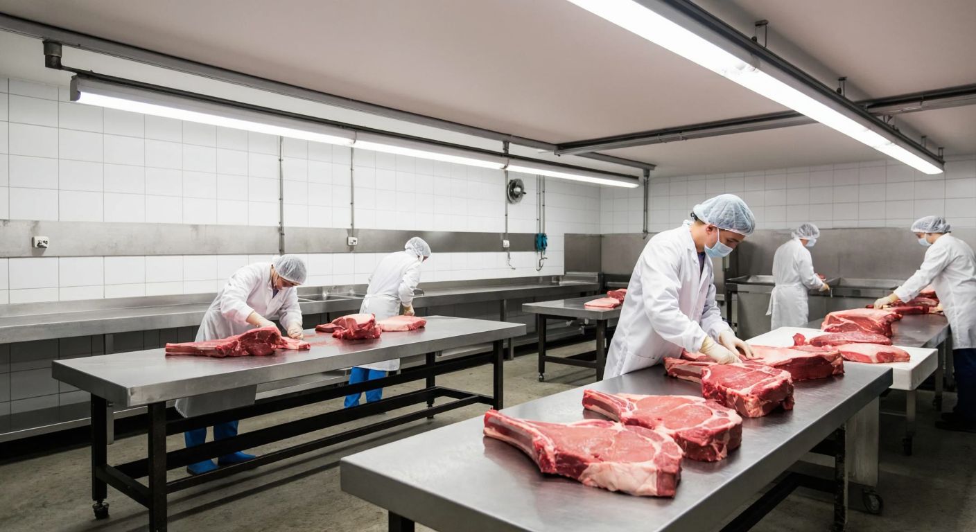 A clean, organized slaughterhouse interior with white-tiled walls, stainless steel tables, and workers in hygienic white coats and hairnets carefully inspecting fresh cuts of meat under bright overhead lights.